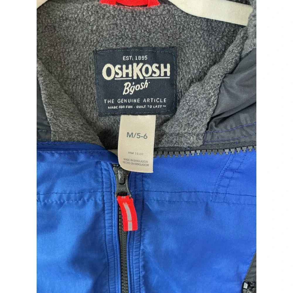 OshKosh Bgosh Boys Blue Grey Fleece Lined Hooded Windbreaker Jacket Size 5-6
